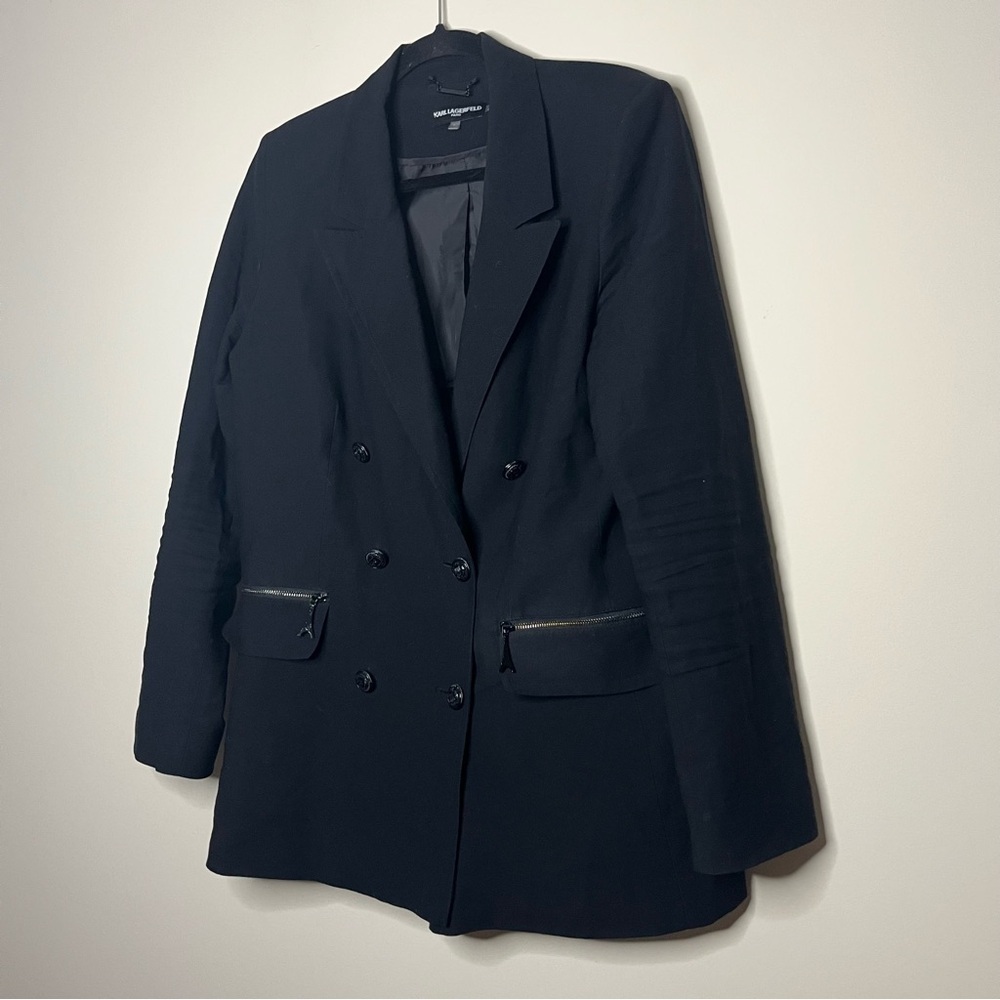 KARL LAGERFELD Zip Pocket Dark Academia Preppy Double Breasted Longlined Blazer - Picture 6 of 12